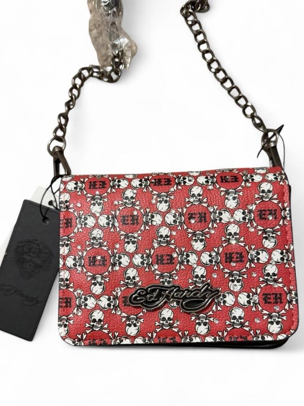Ed Hardy Red Skull Logo Chain Crossbody Bag